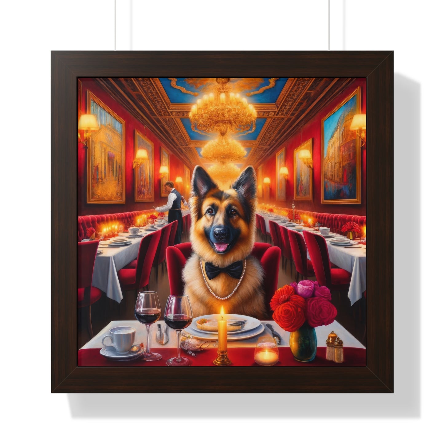 German Shepherd Eating at Restaurant Framed Poster Painting 16x16