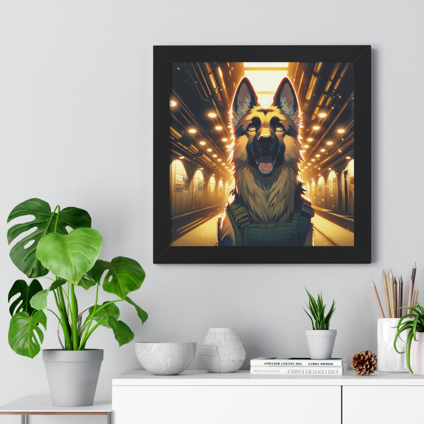 Anime German Shepherd Framed Poster Painting 16x16