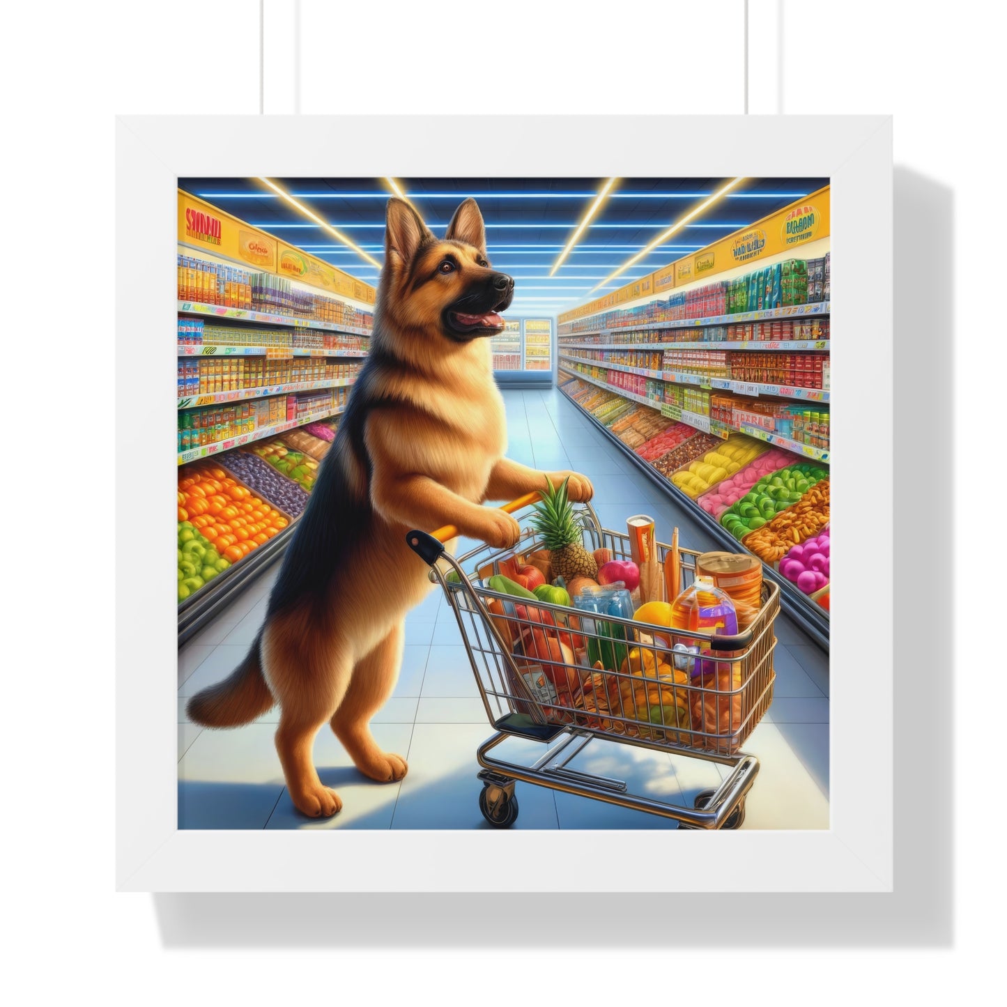 German Shepherd Shopping Framed Poster Painting 16x16