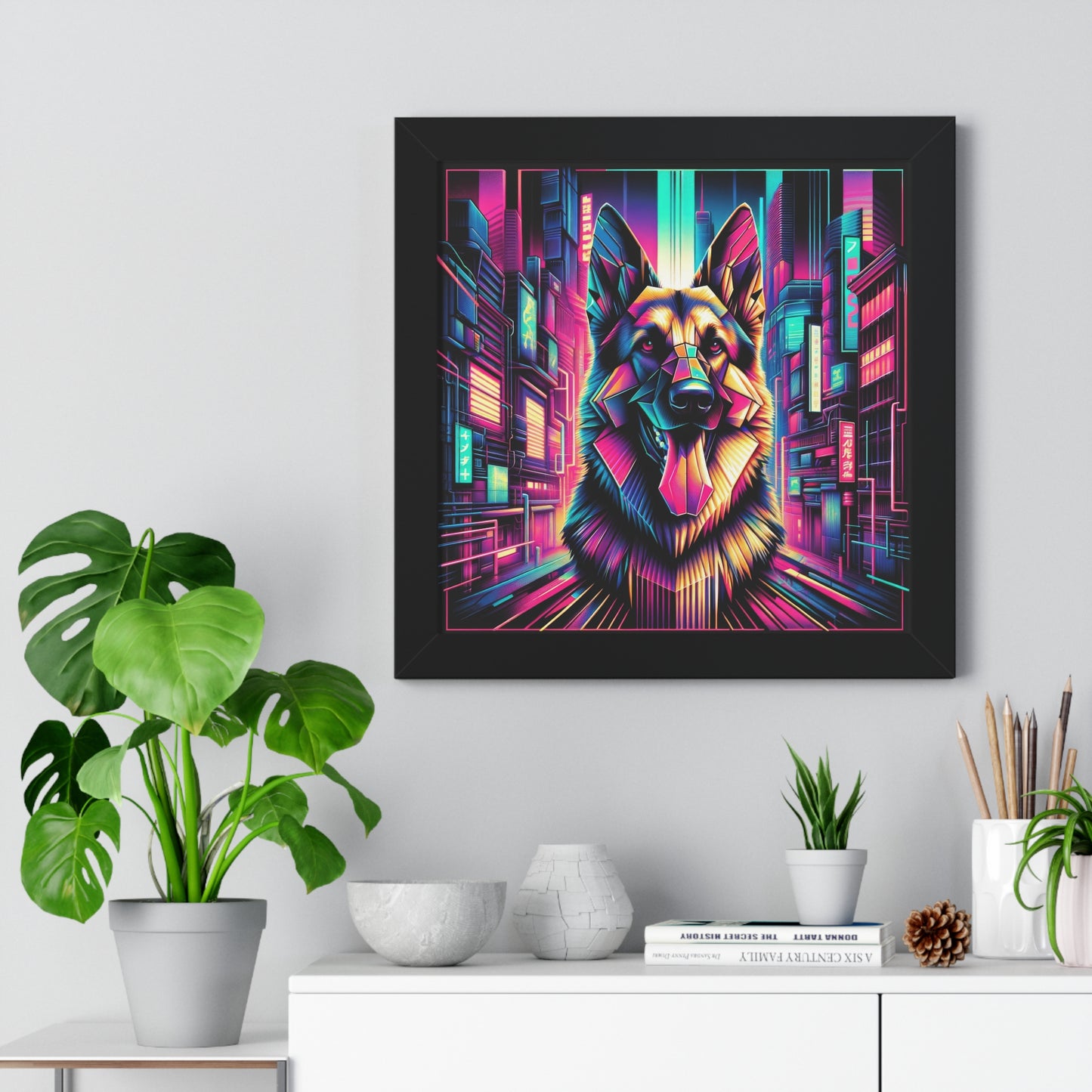 Glitch art German Shepherd Framed Poster Painting 16x16