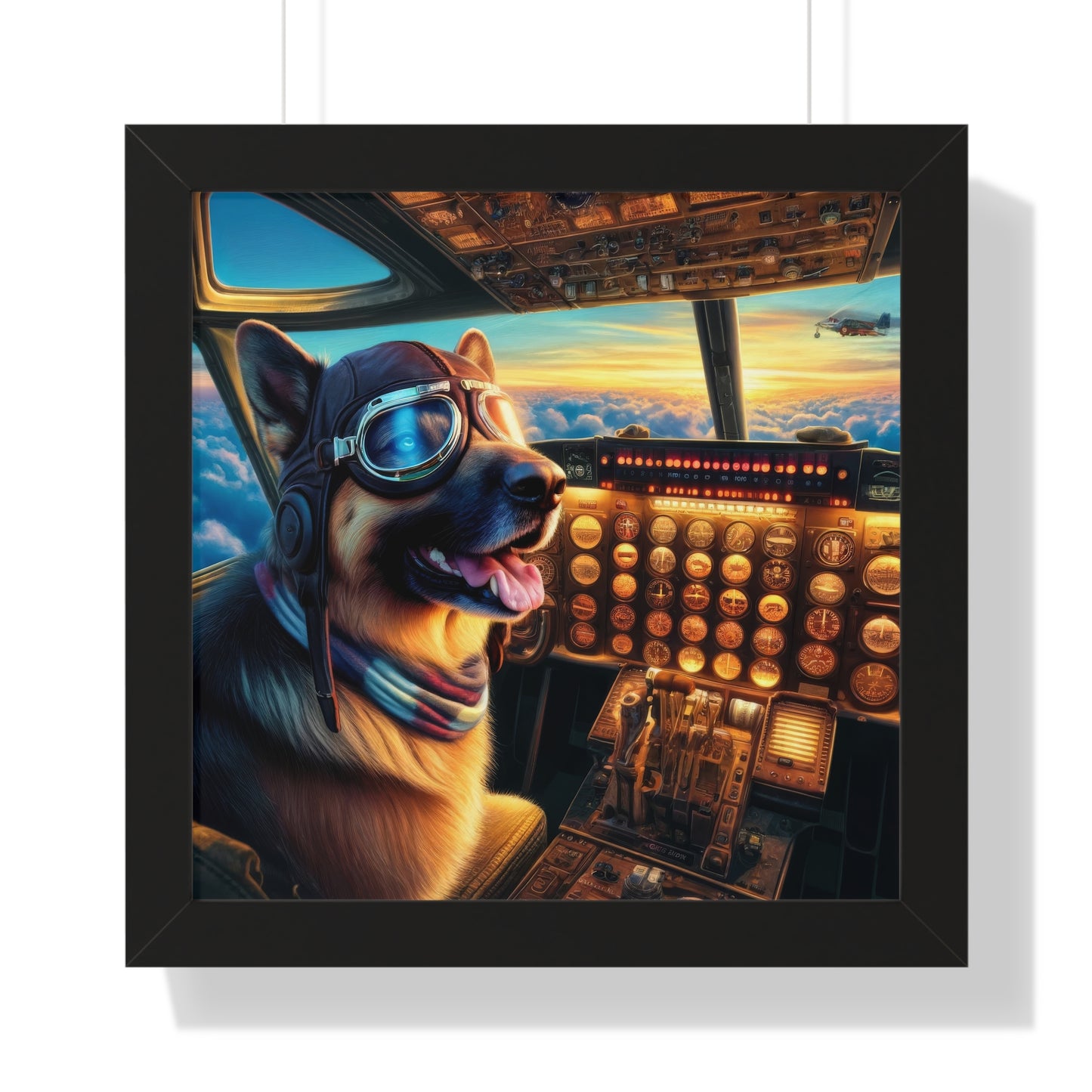 German Shepherd Flying an Airplane Framed Poster Painting 16x16