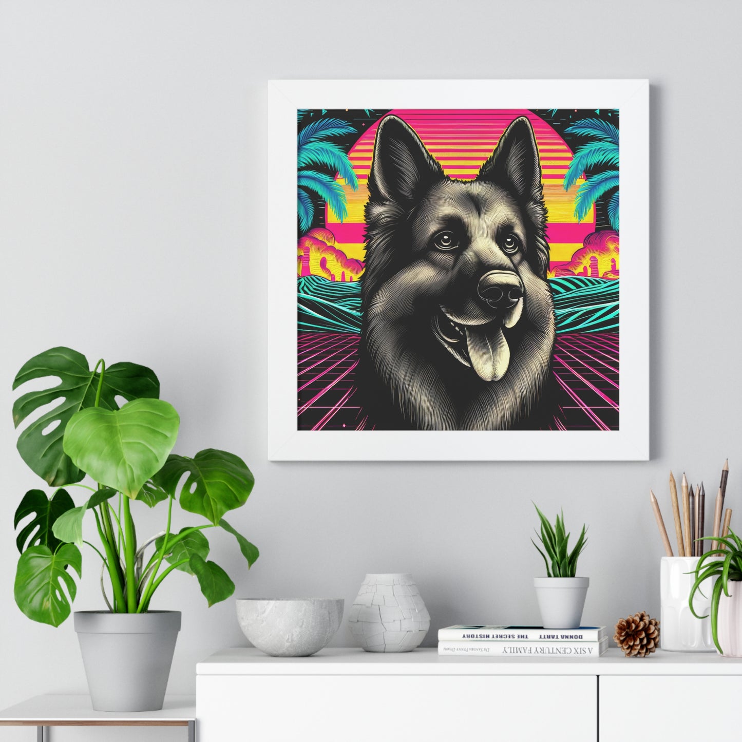 Scratchboard and vaporwave German Shepherd Framed Poster Painting 16x16