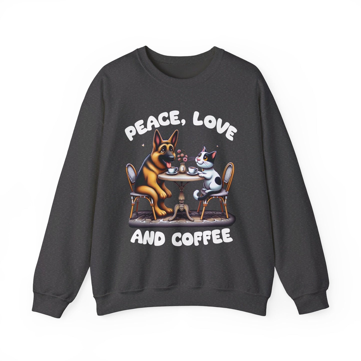 Peace, Love, and Coffee Sweatshirt (10 colors) (German Shepherd)