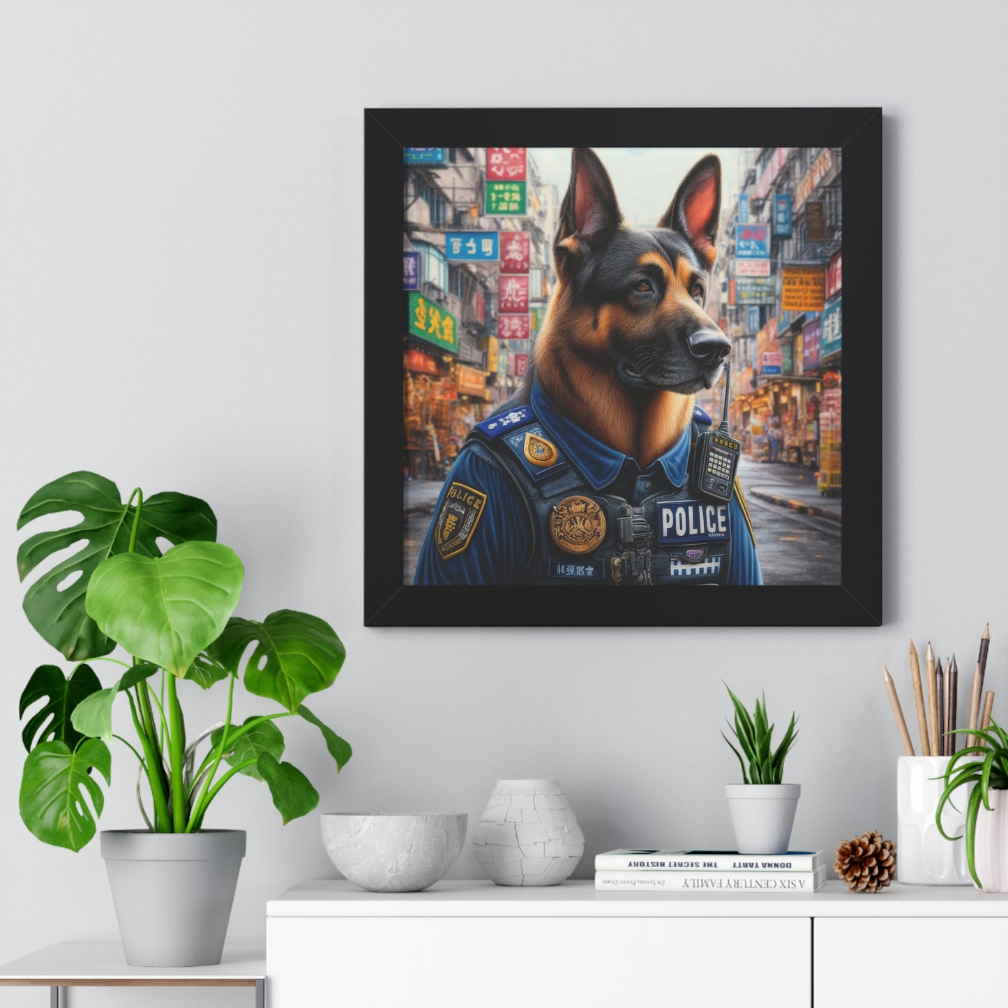 German Shepherd Police Officer Framed Poster Painting 16x16