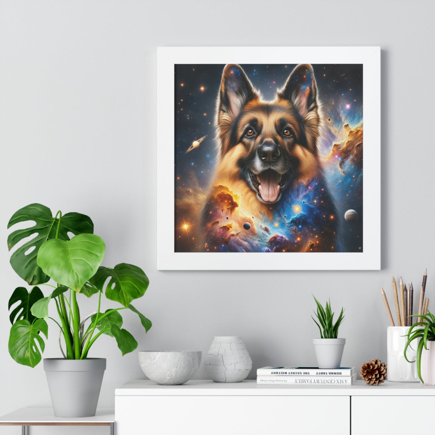 German Shepherd in Space Framed Poster Painting 16x16