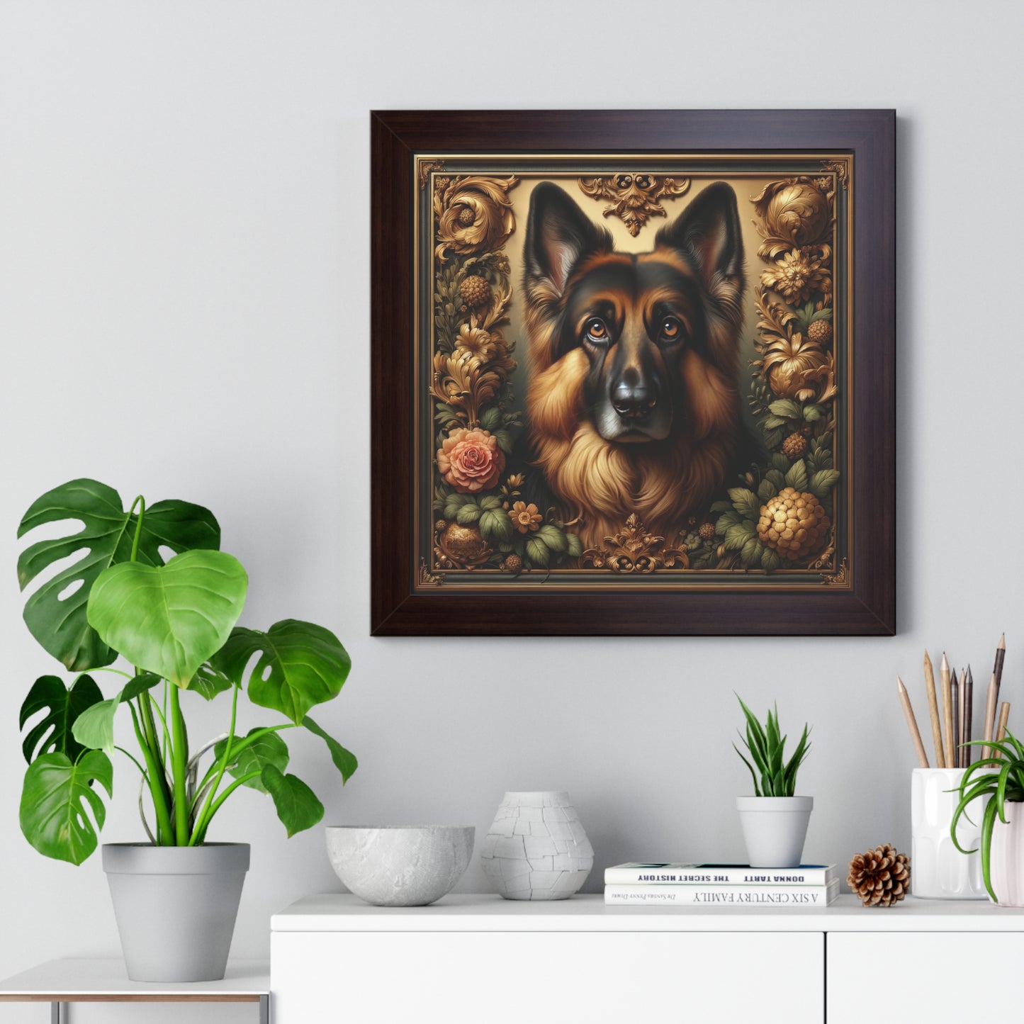 Baroque-inspired German Shepherd Framed Poster Painting 16x16