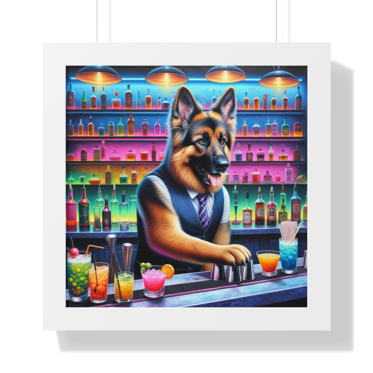 German Shepherd Tending a Bar Framed Poster Painting 16x16