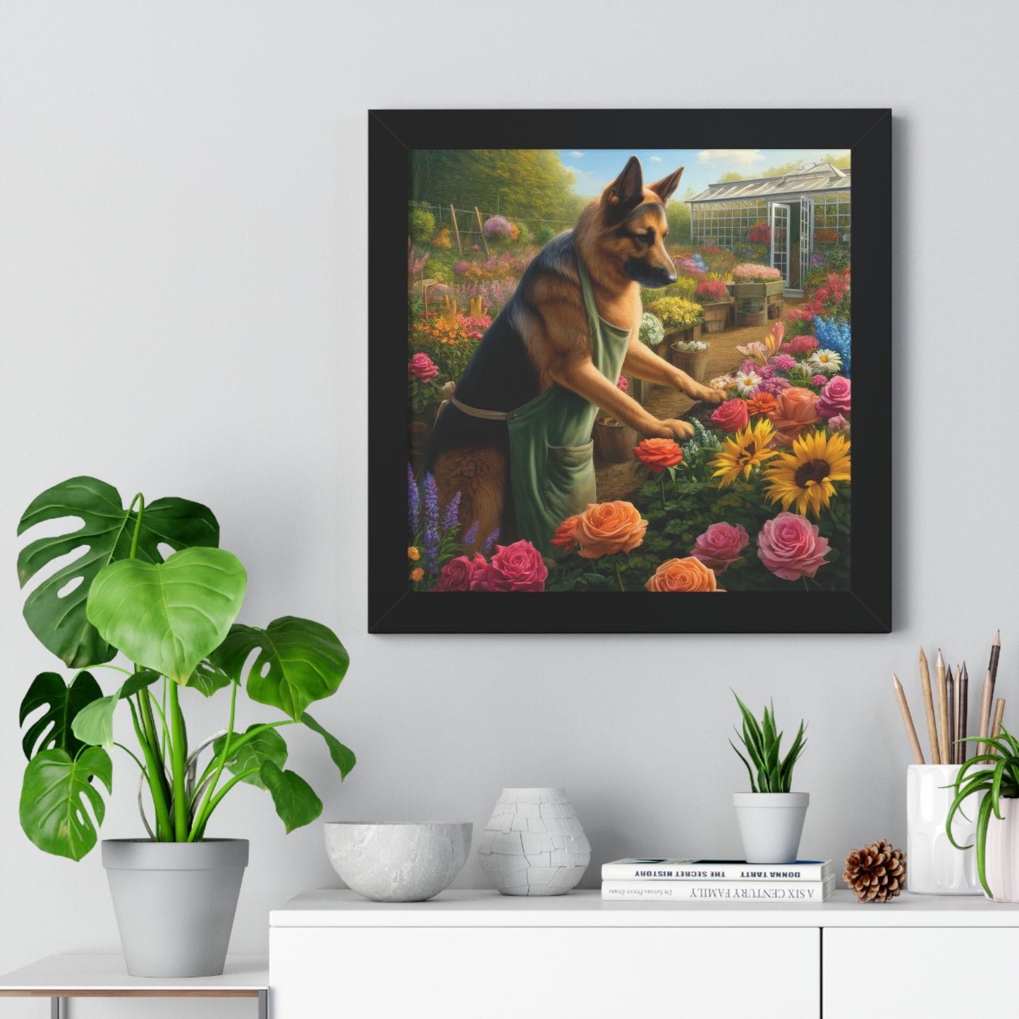 German Shepherd Gardening Framed Poster Painting 16x16