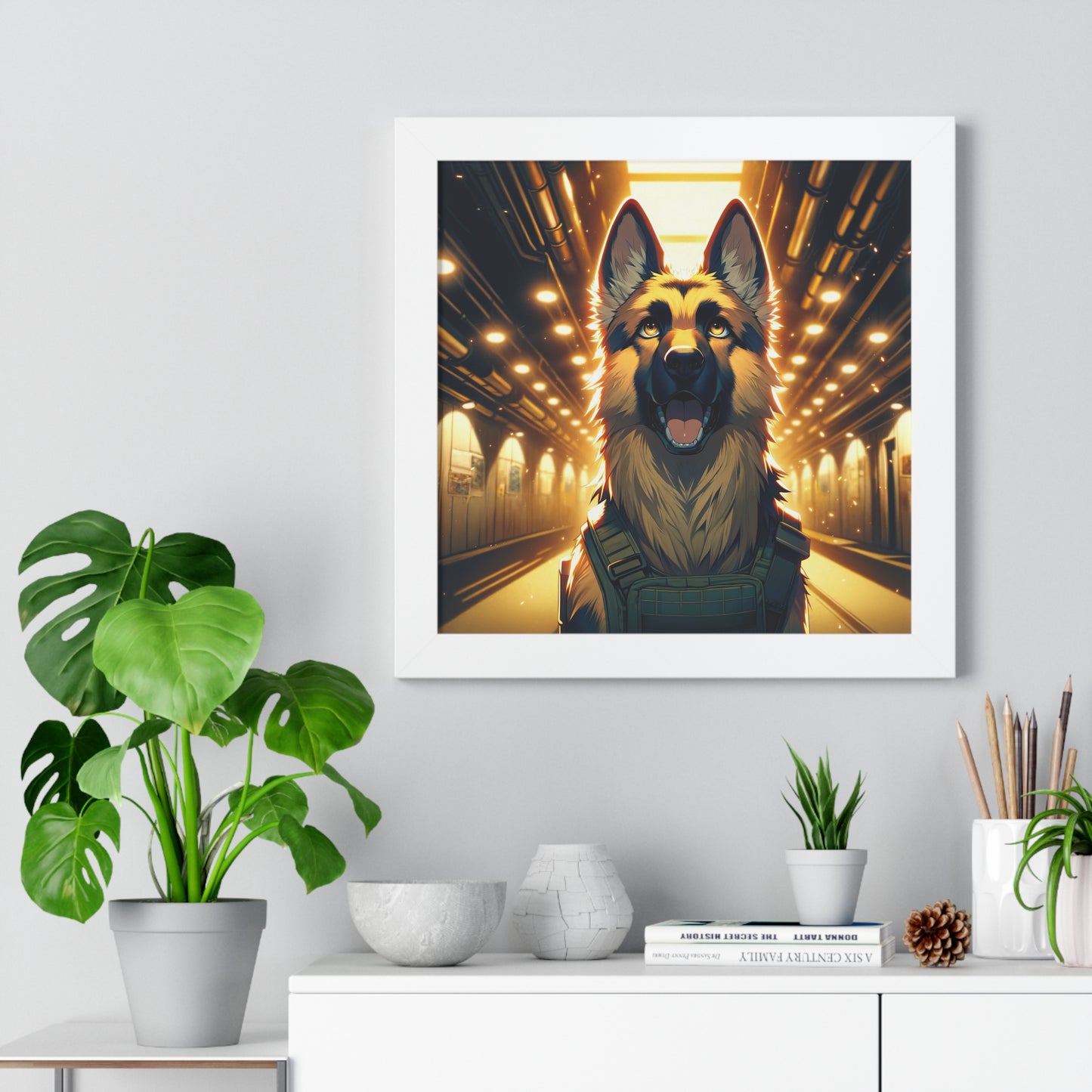 Anime German Shepherd Framed Poster Painting 16x16