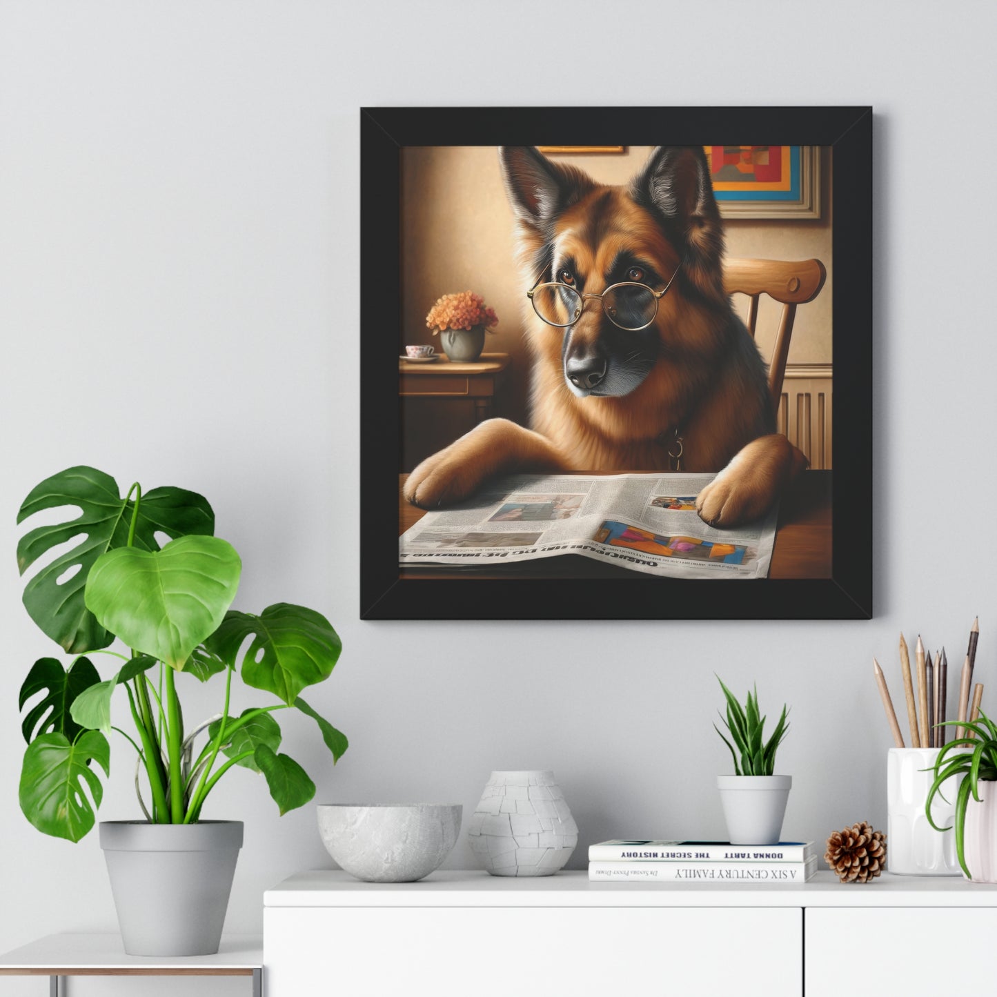 German Shepherd Reading a Newspaper Framed Poster Painting 16x16