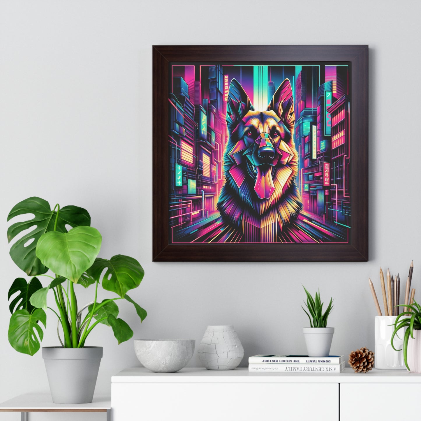 Glitch art German Shepherd Framed Poster Painting 16x16