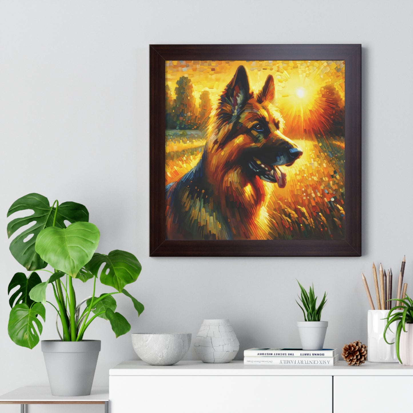 Golden hour and neo-impressionism German Shepherd Framed Poster Painting 16x16