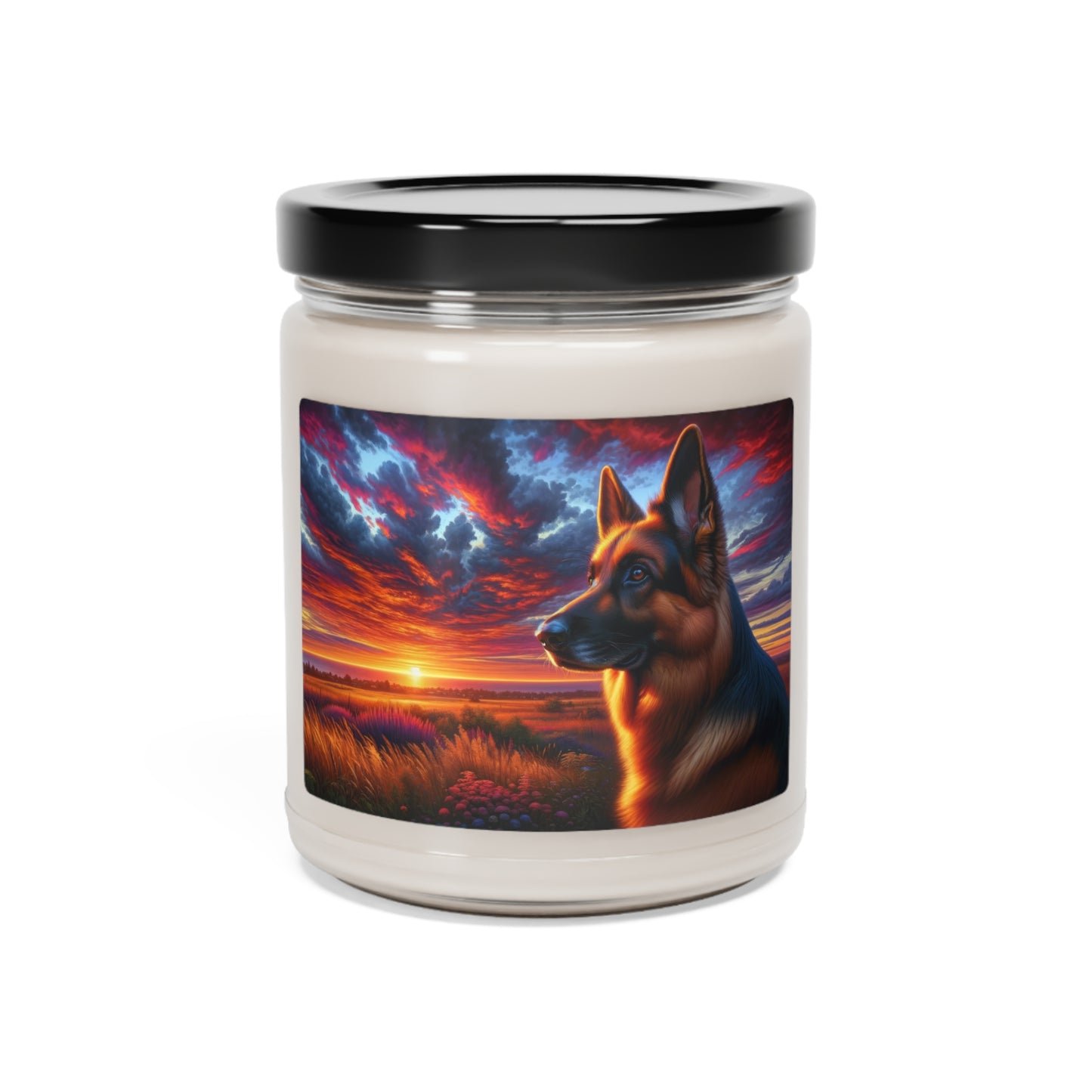 German Shepherd Watching a sunset Scented Soy Candle, 9oz