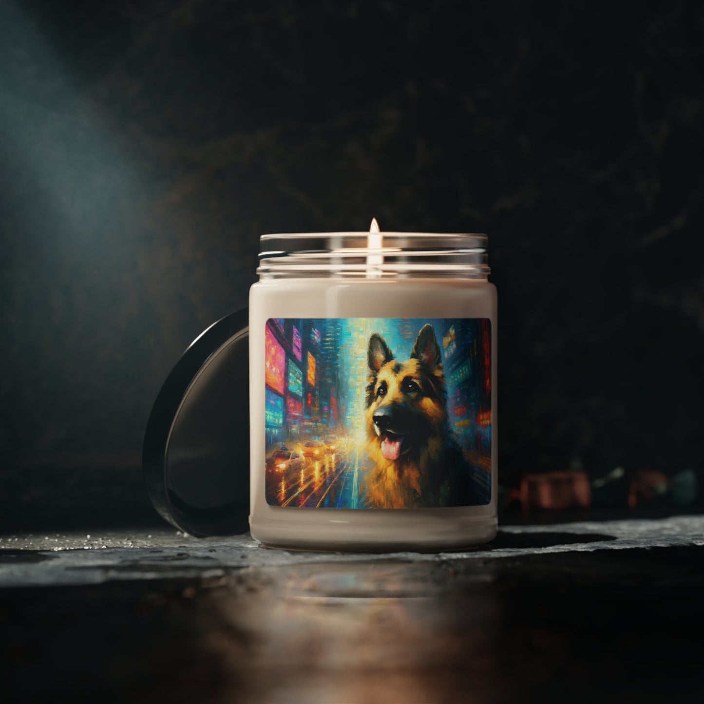 Impressionism meets cyberpunk German Shepherd Scented Soy Candle, 9oz