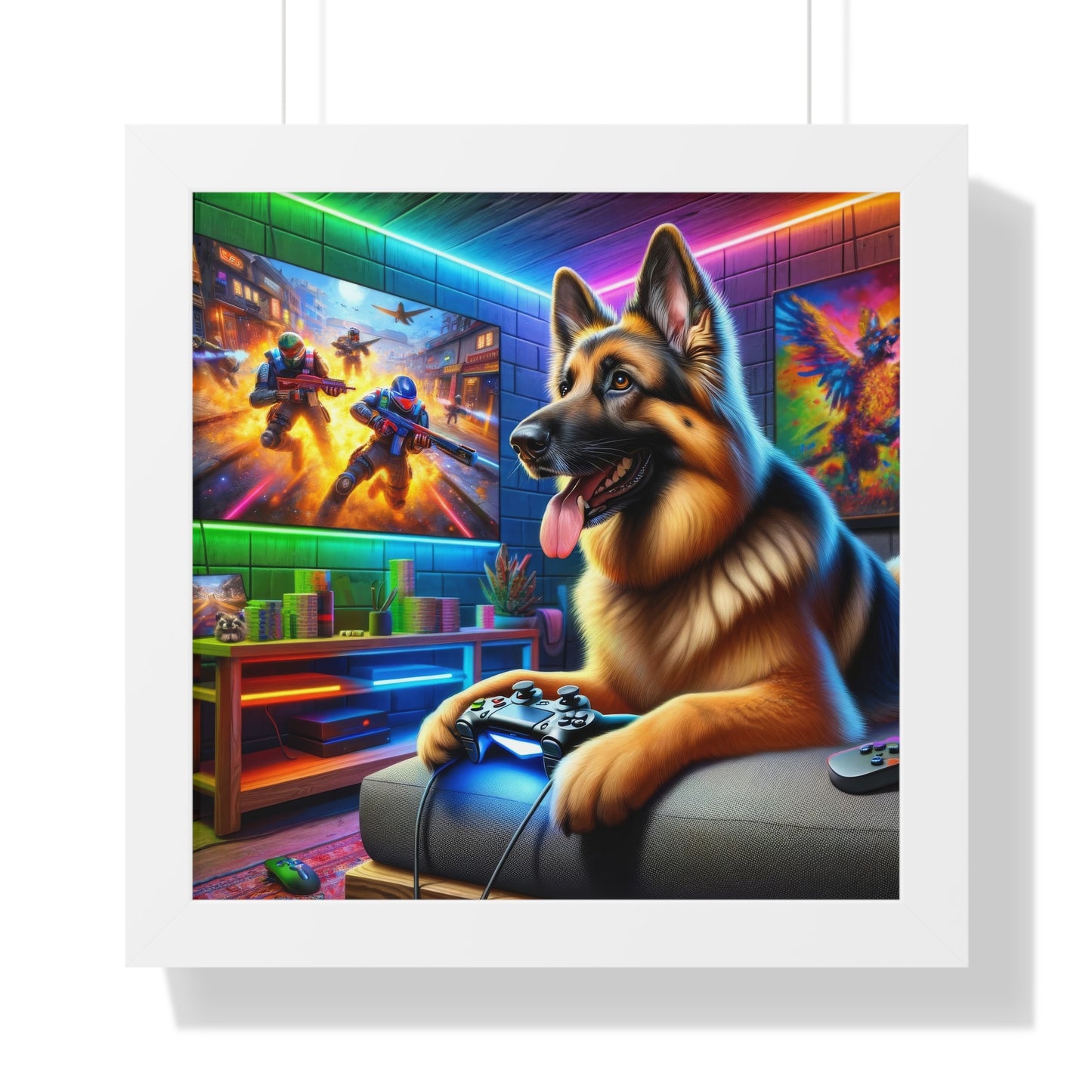 German Shepherd Playing Video Games Framed Poster Painting 16x16