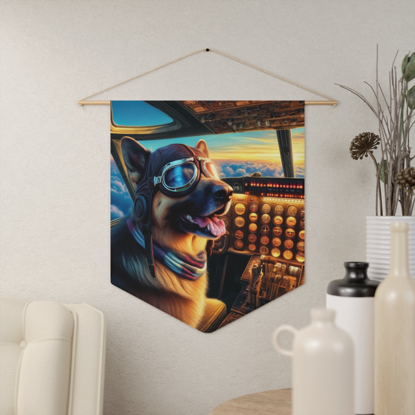 German Shepherd Flying an Airplane Pennant