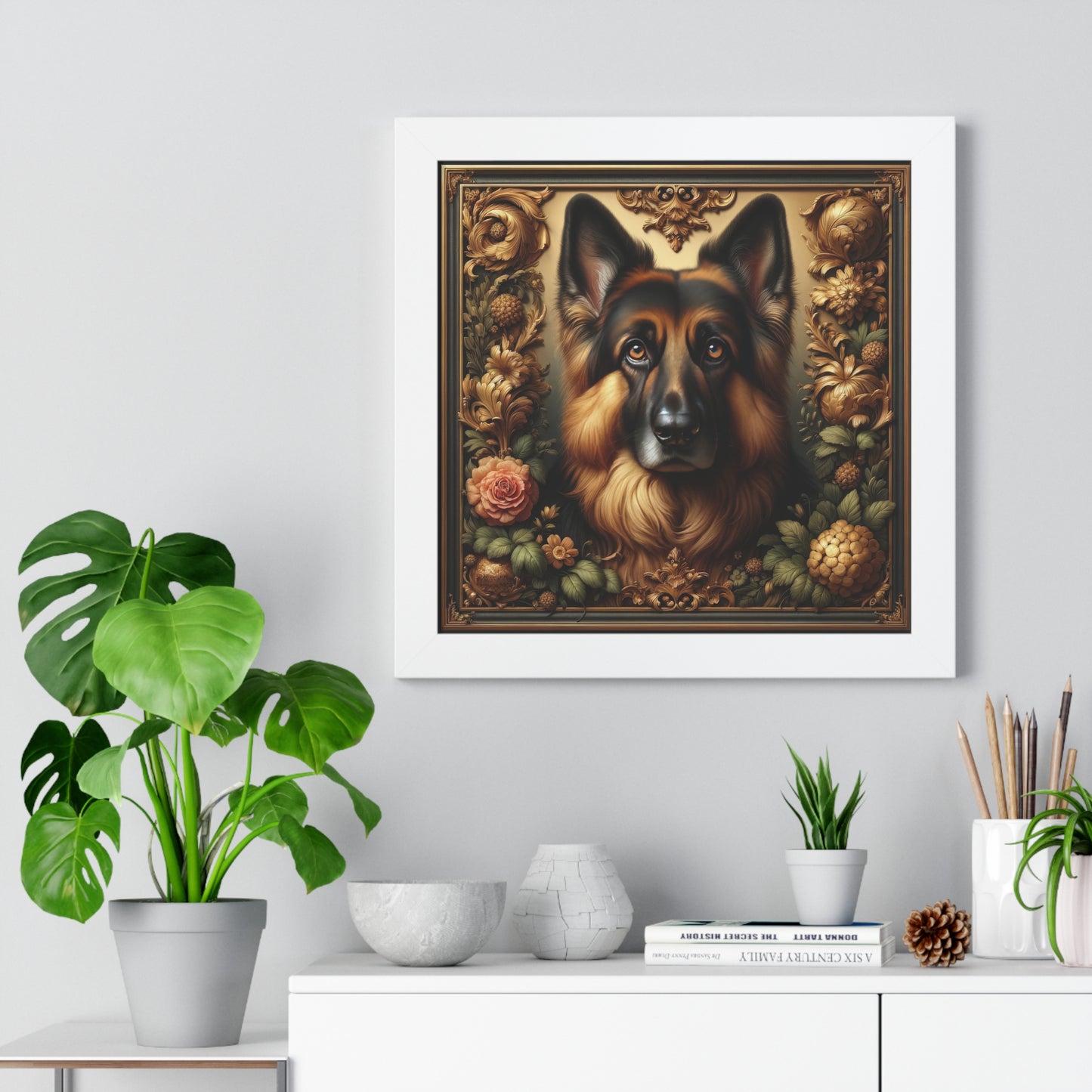 Baroque-inspired German Shepherd Framed Poster Painting 16x16