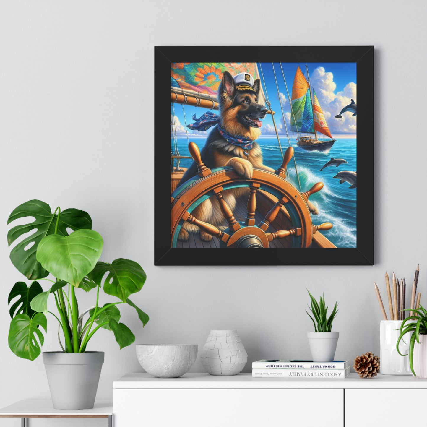 German Shepherd Boat Framed Poster Painting 16x16