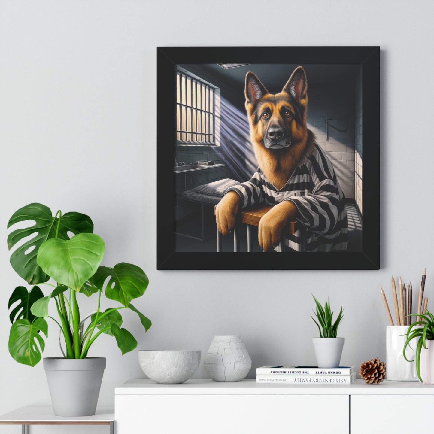 German Shepherd as a prisoner Framed Poster Painting 16x16