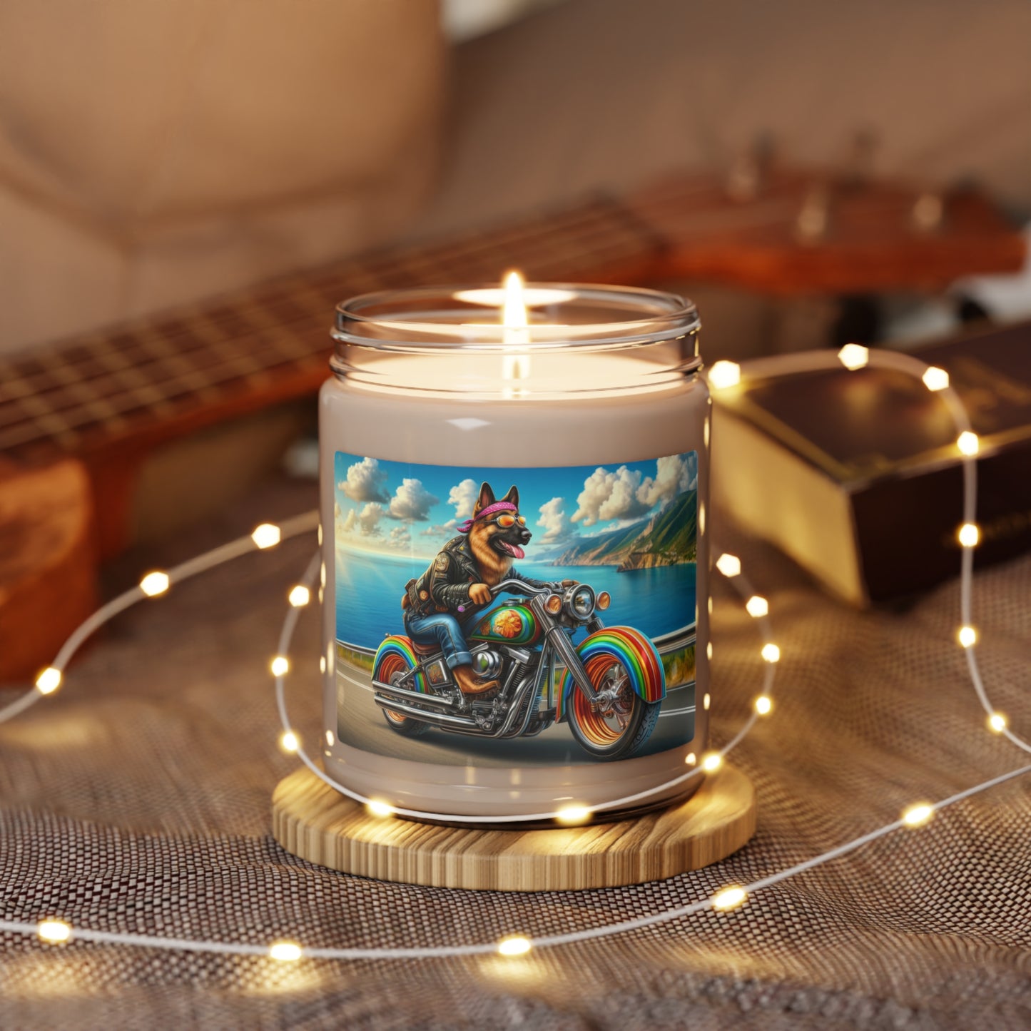 German Shepherd Riding a Motorcycle Scented Soy Candle, 9oz