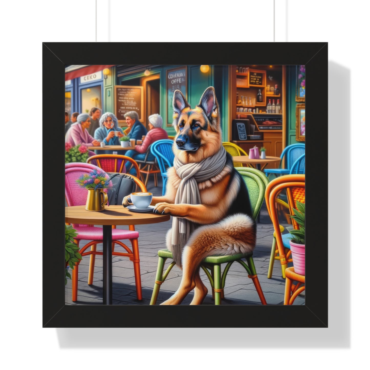 German Shepherd Drinking Framed Poster Painting 16x16