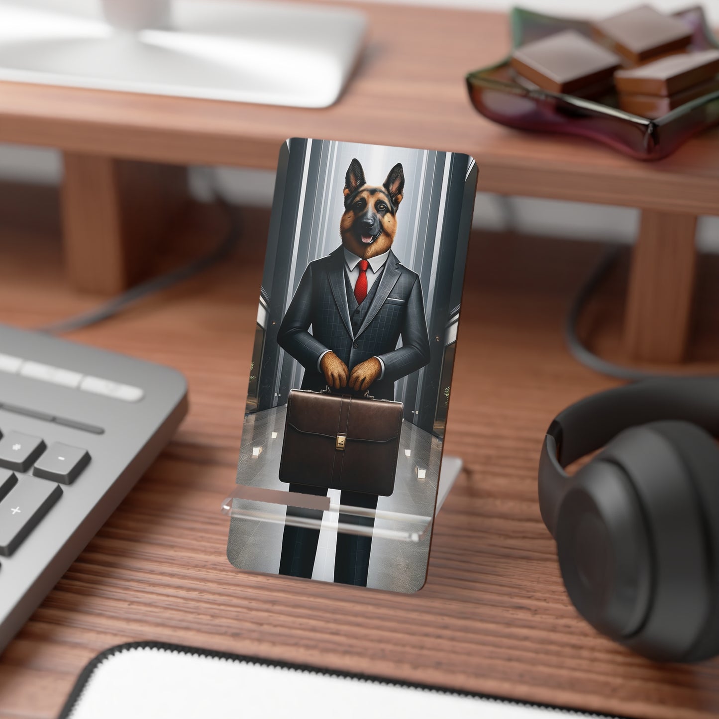 German Shepherd Wearing a Business Suit Smartphone Stand