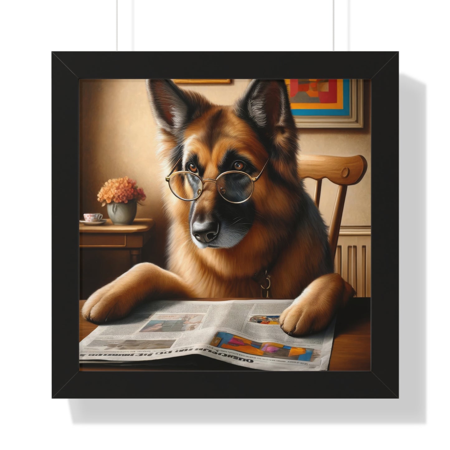 German Shepherd Reading a Newspaper Framed Poster Painting 16x16