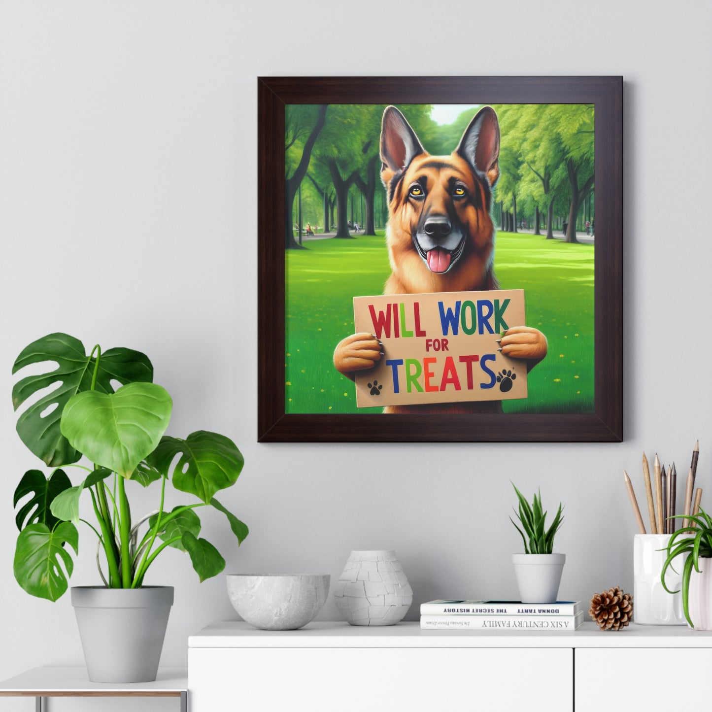 German Shepherd Begging Framed Poster Painting 16x16