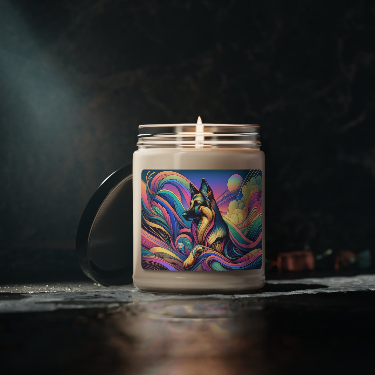 Art nouveau and vaporwave German Shepherd Scented Soy Candle, 9oz
