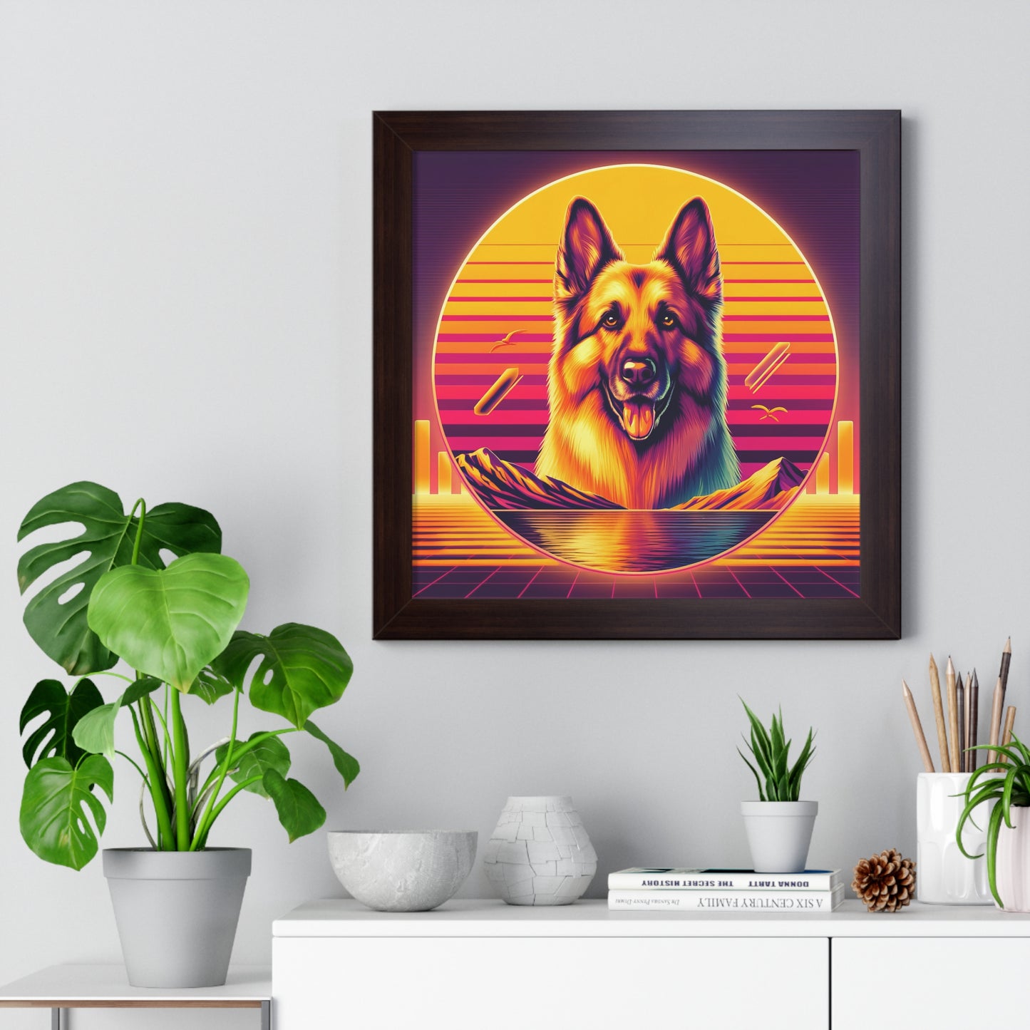 Vaporwave and golden hour German Shepherd Framed Poster Painting 16x16