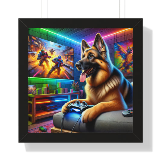 German Shepherd Playing Video Games Framed Poster Painting 16x16