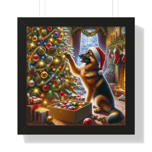 German Shepherd Christmas Tree  Framed Poster Painting 16x16