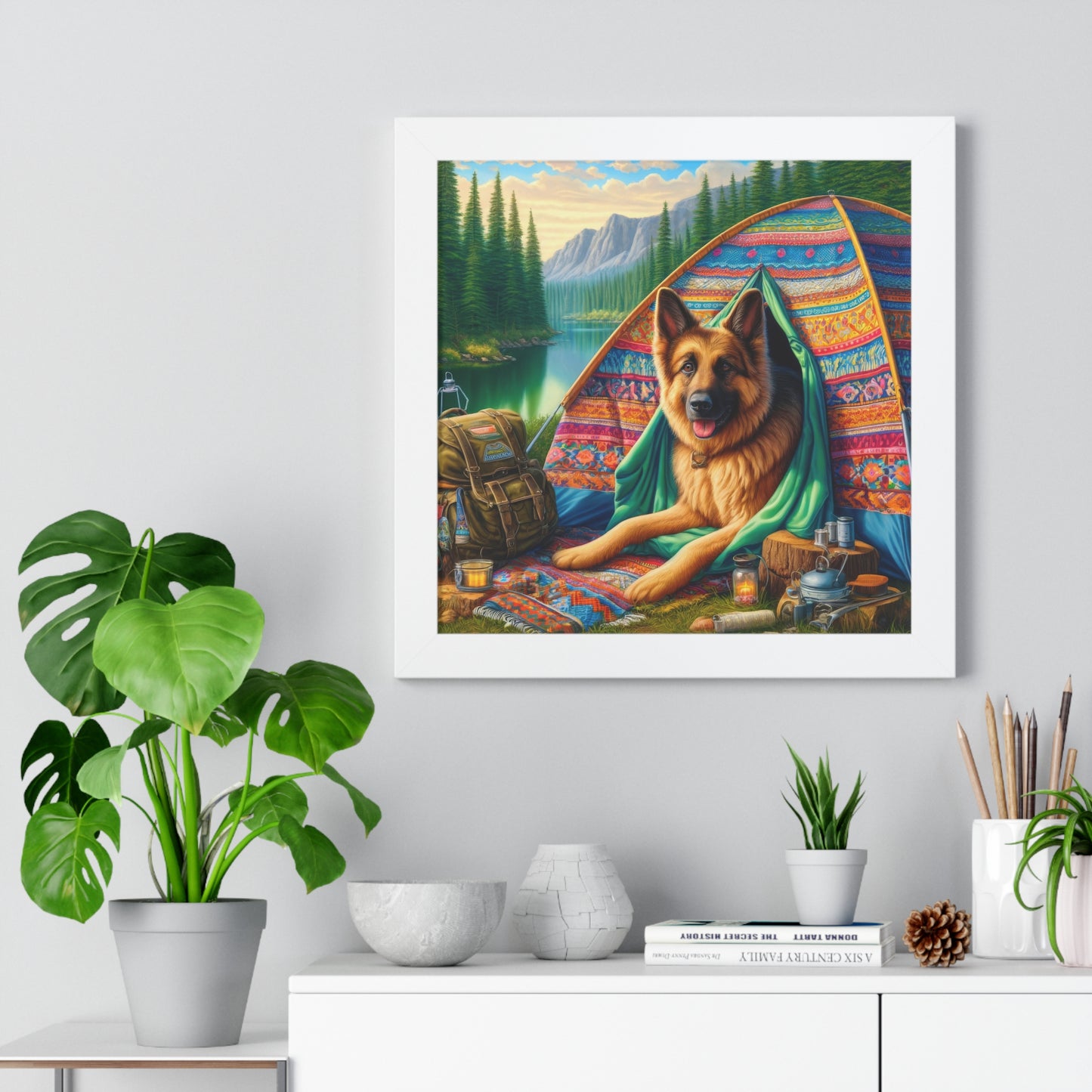 German Shepherd Camping  Framed Poster Painting 16x16