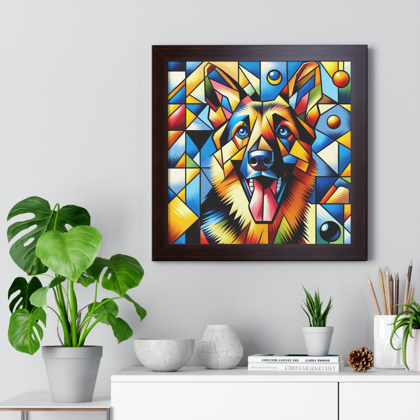 German Shepherd in Cubism Framed Poster Painting 16x16