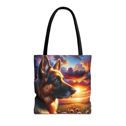 German Shepherd Watching a sunset Tote Bag