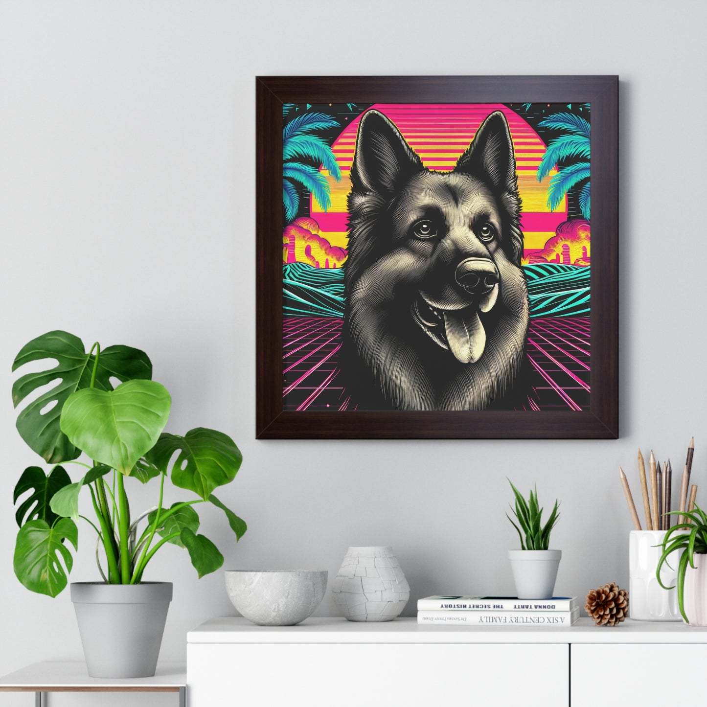 Scratchboard and vaporwave German Shepherd Framed Poster Painting 16x16