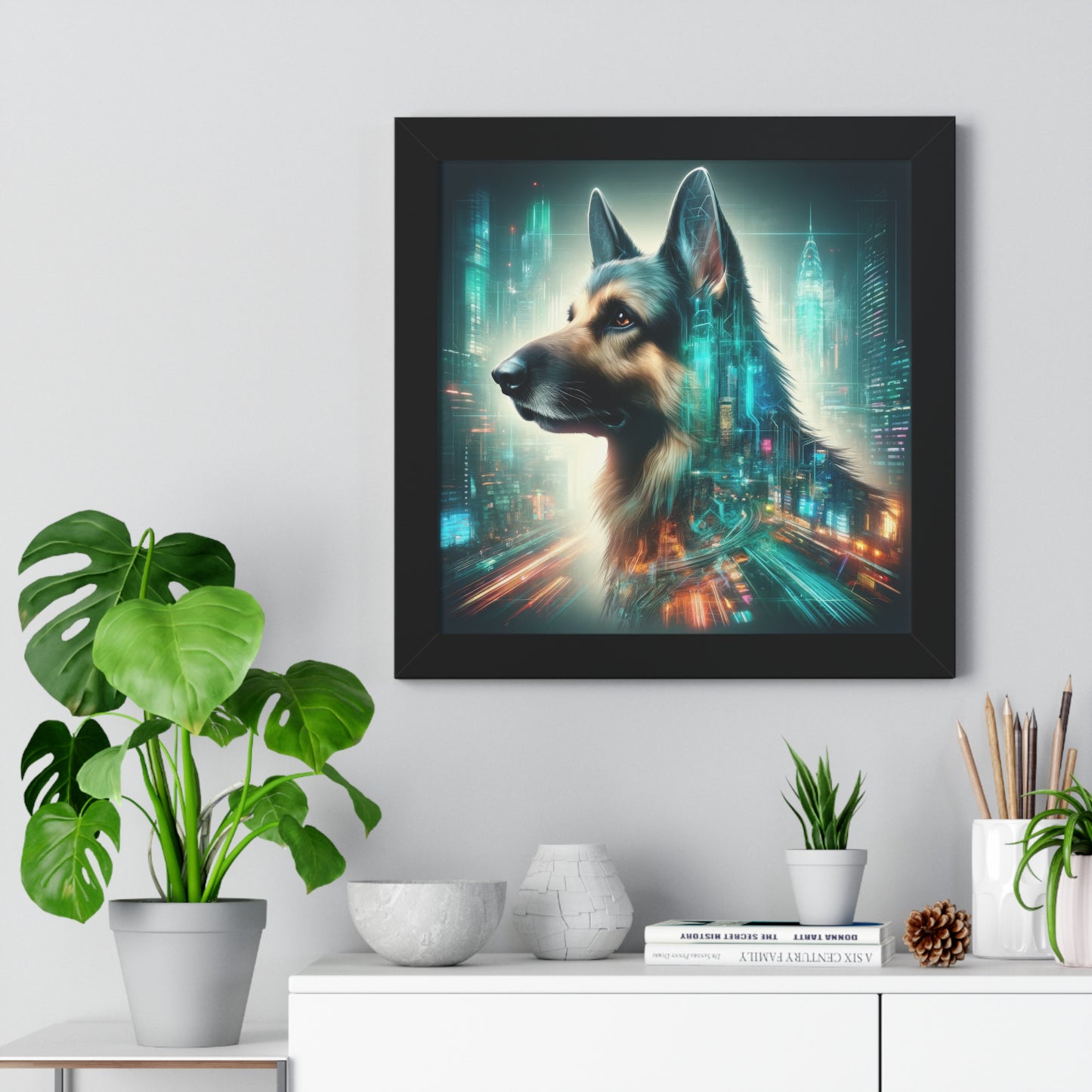 Cyberpunk German Shepherd Framed Poster Painting 16x16