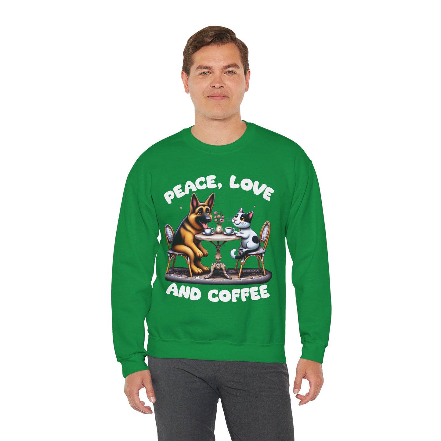 Peace, Love, and Coffee Sweatshirt (10 colors) (German Shepherd)