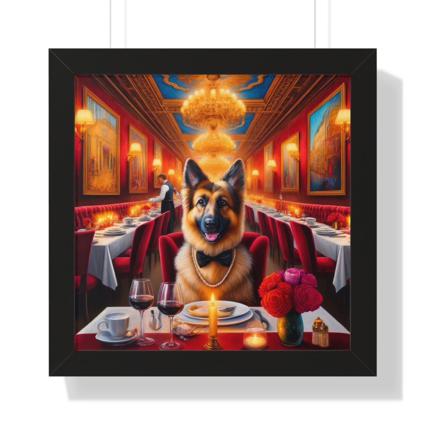 German Shepherd Eating at Restaurant Framed Poster Painting 16x16