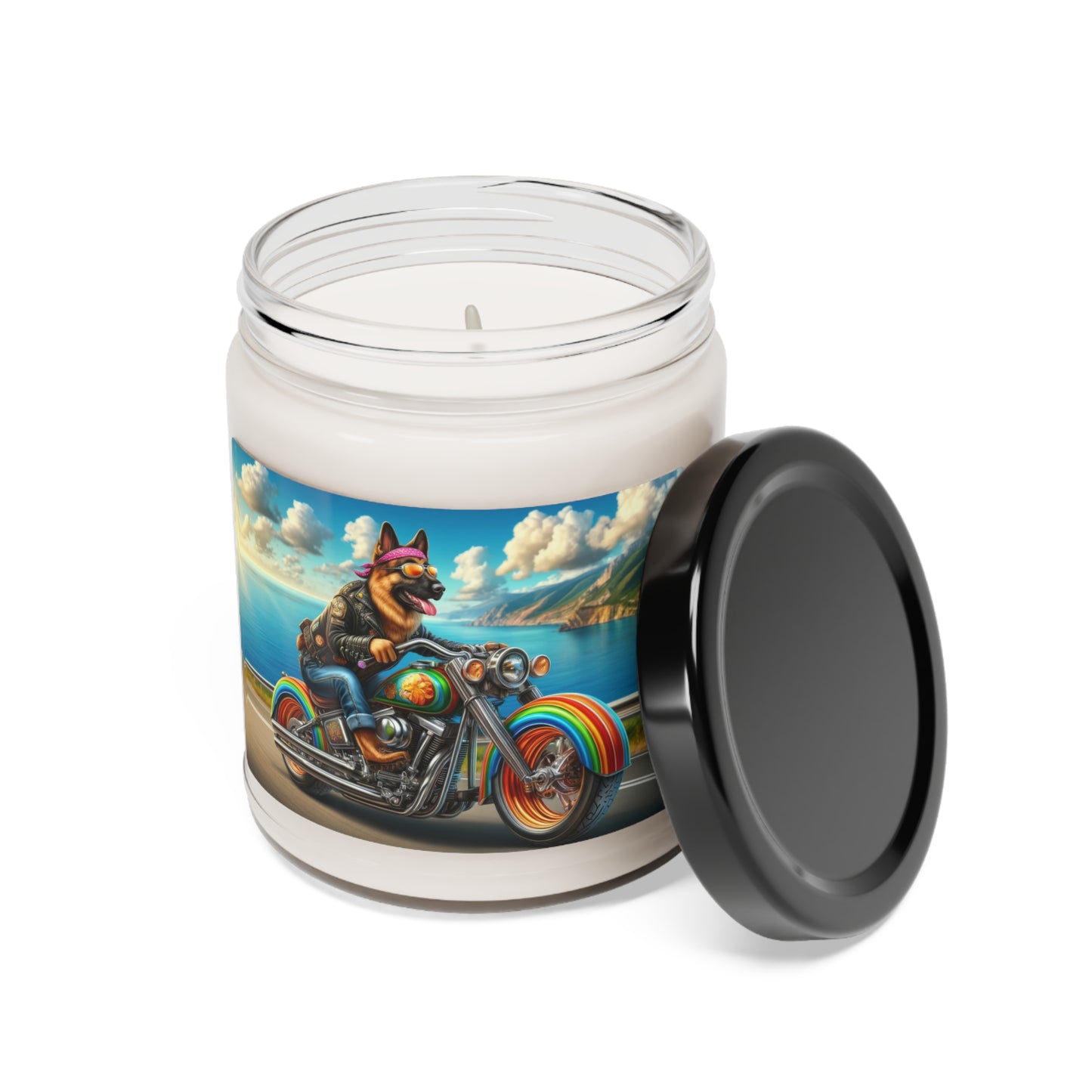 German Shepherd Riding a Motorcycle Scented Soy Candle, 9oz