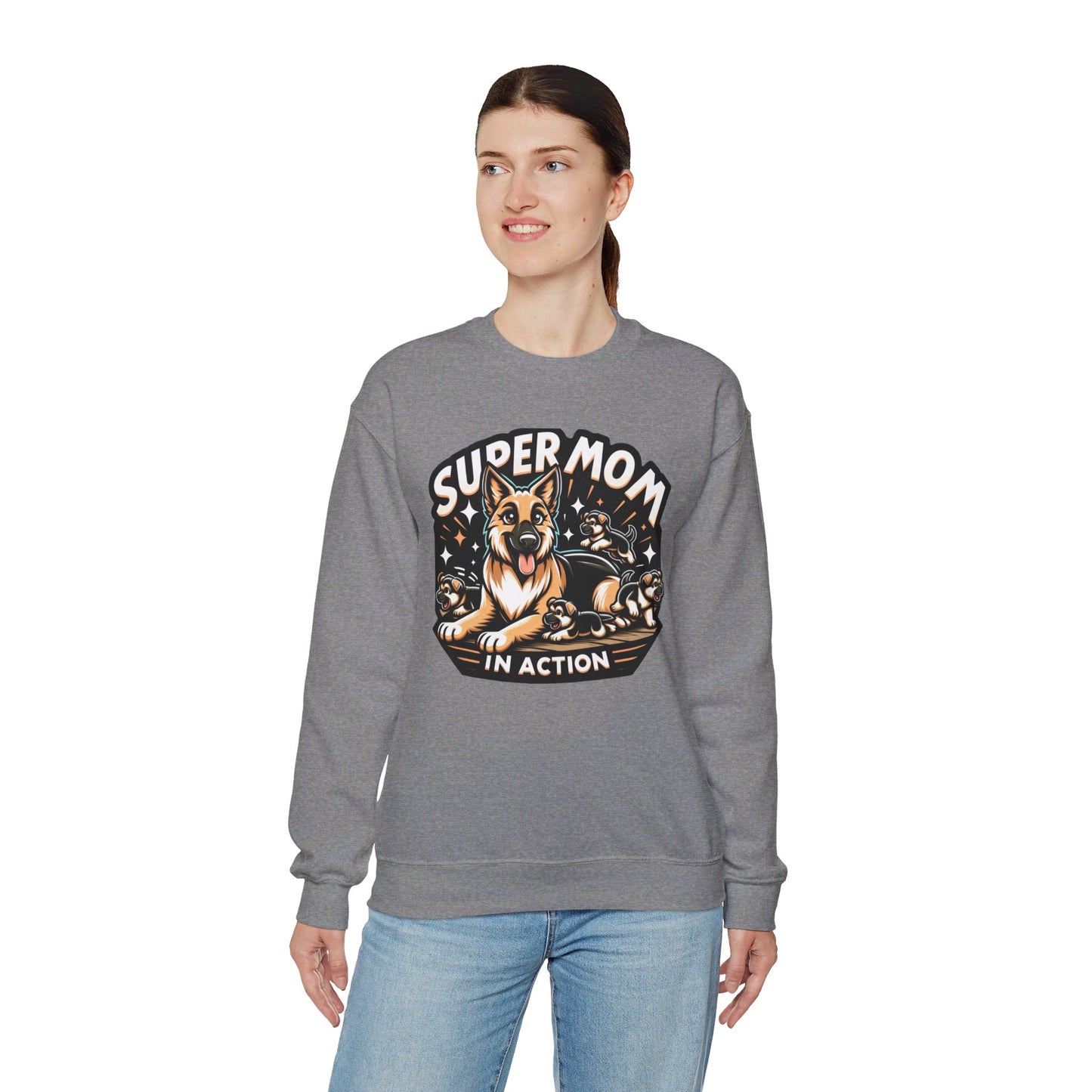 Super Mom in Action Sweatshirt (10 colors) (German Shepherd)