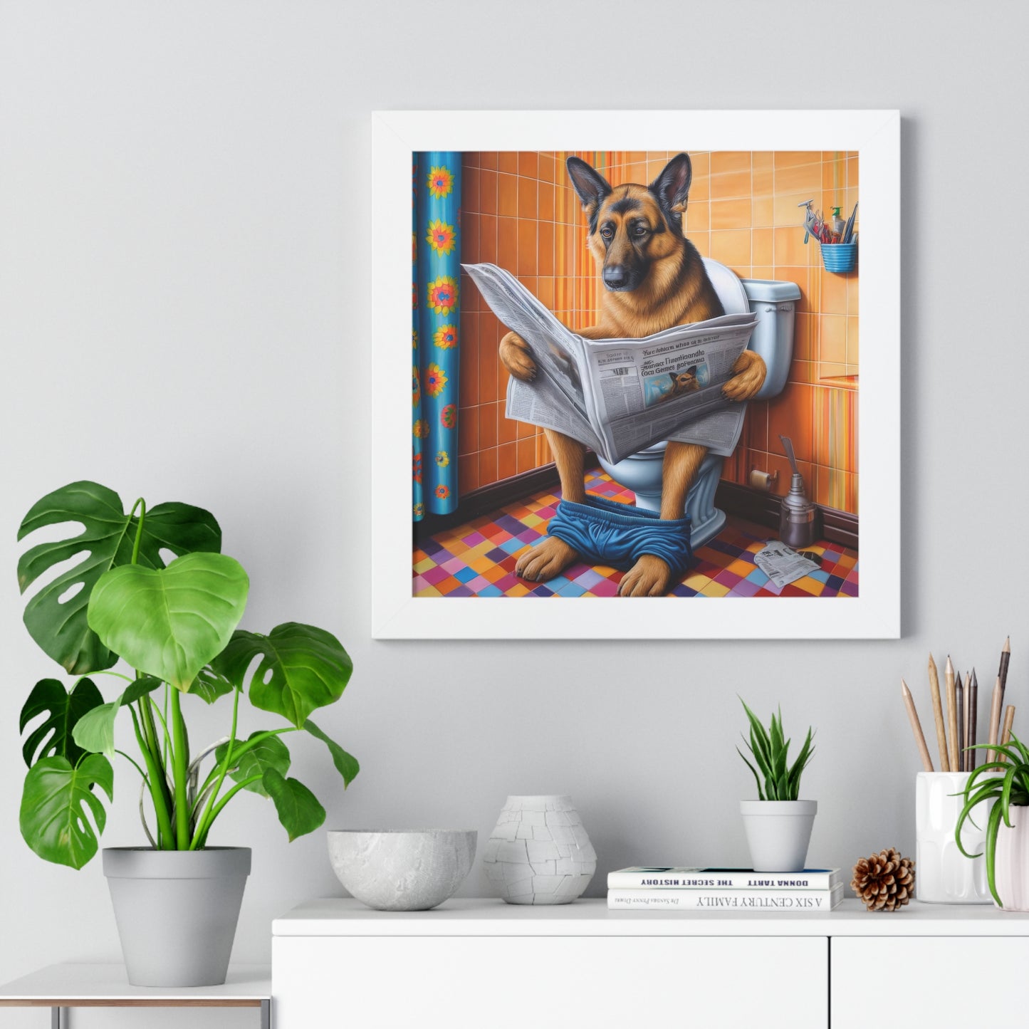 German Shepherd Using a Toilet Framed Poster Painting 16x16