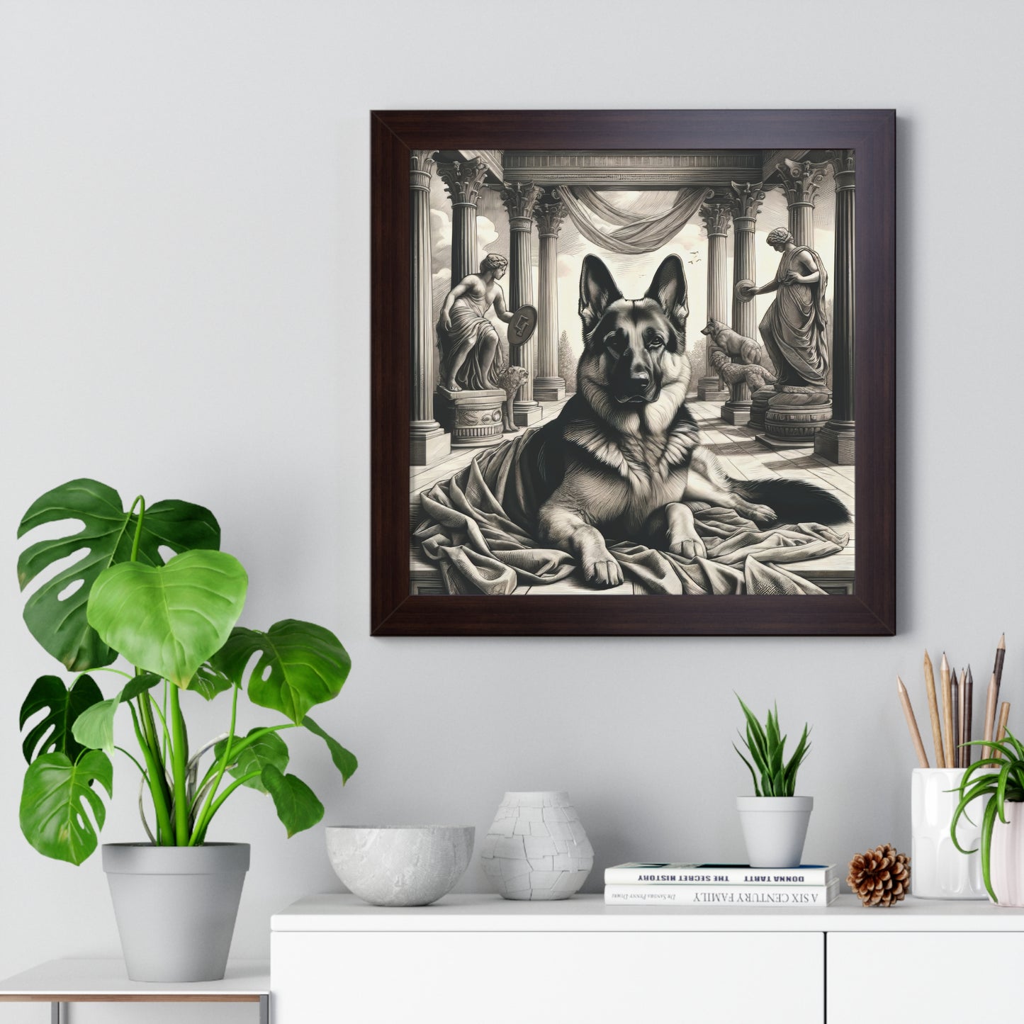 Etching and greco-roman German Shepherd Framed Poster Painting 16x16