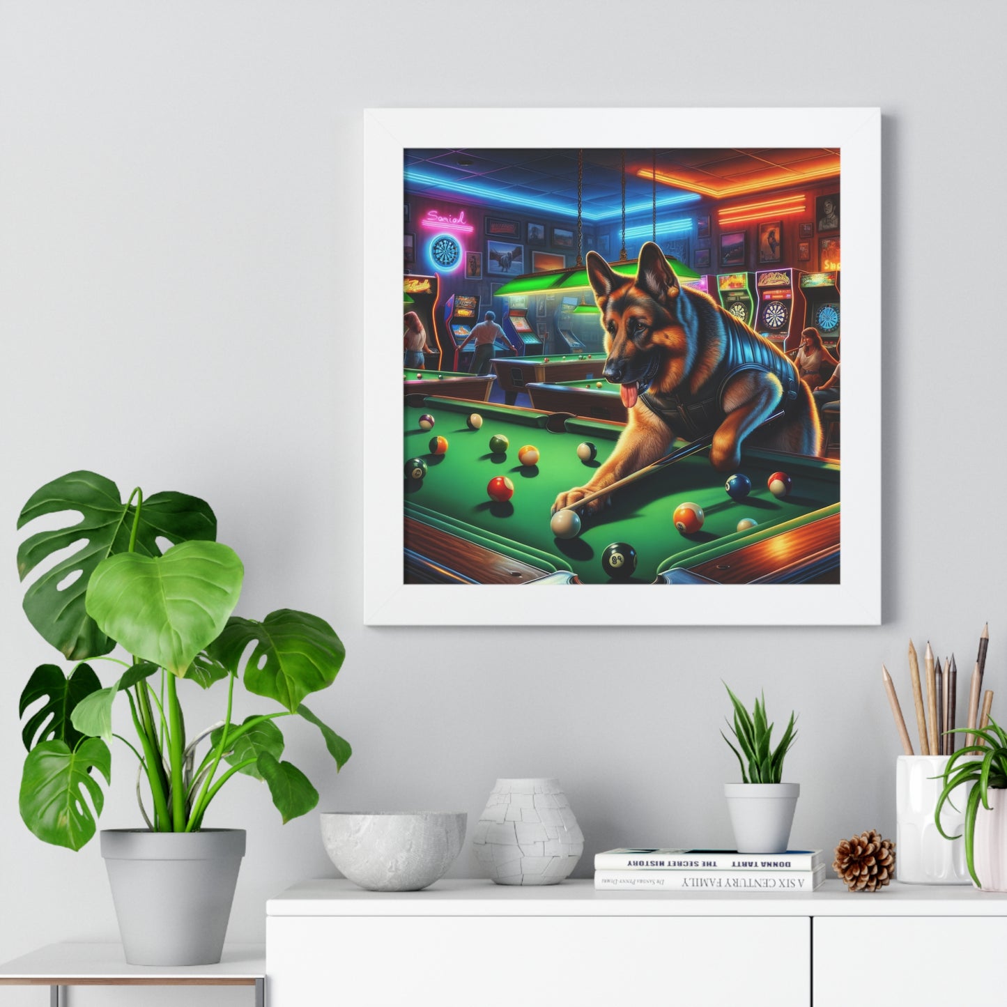 German Shepherd Playing Pool Framed Poster Painting 16x16