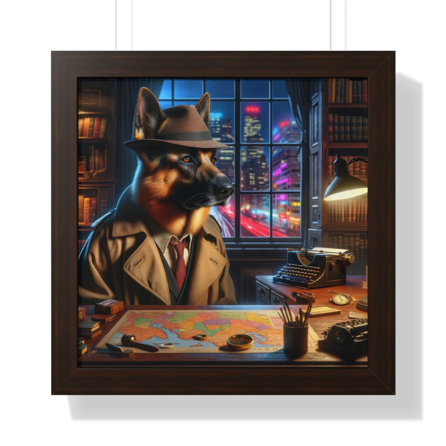 German Shepherd Detective Framed Poster Painting 16x16