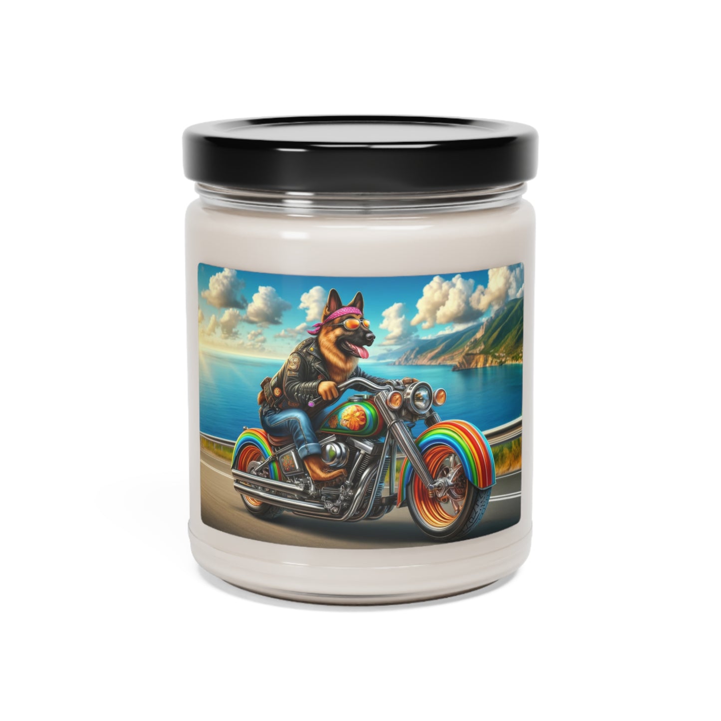 German Shepherd Riding a Motorcycle Scented Soy Candle, 9oz