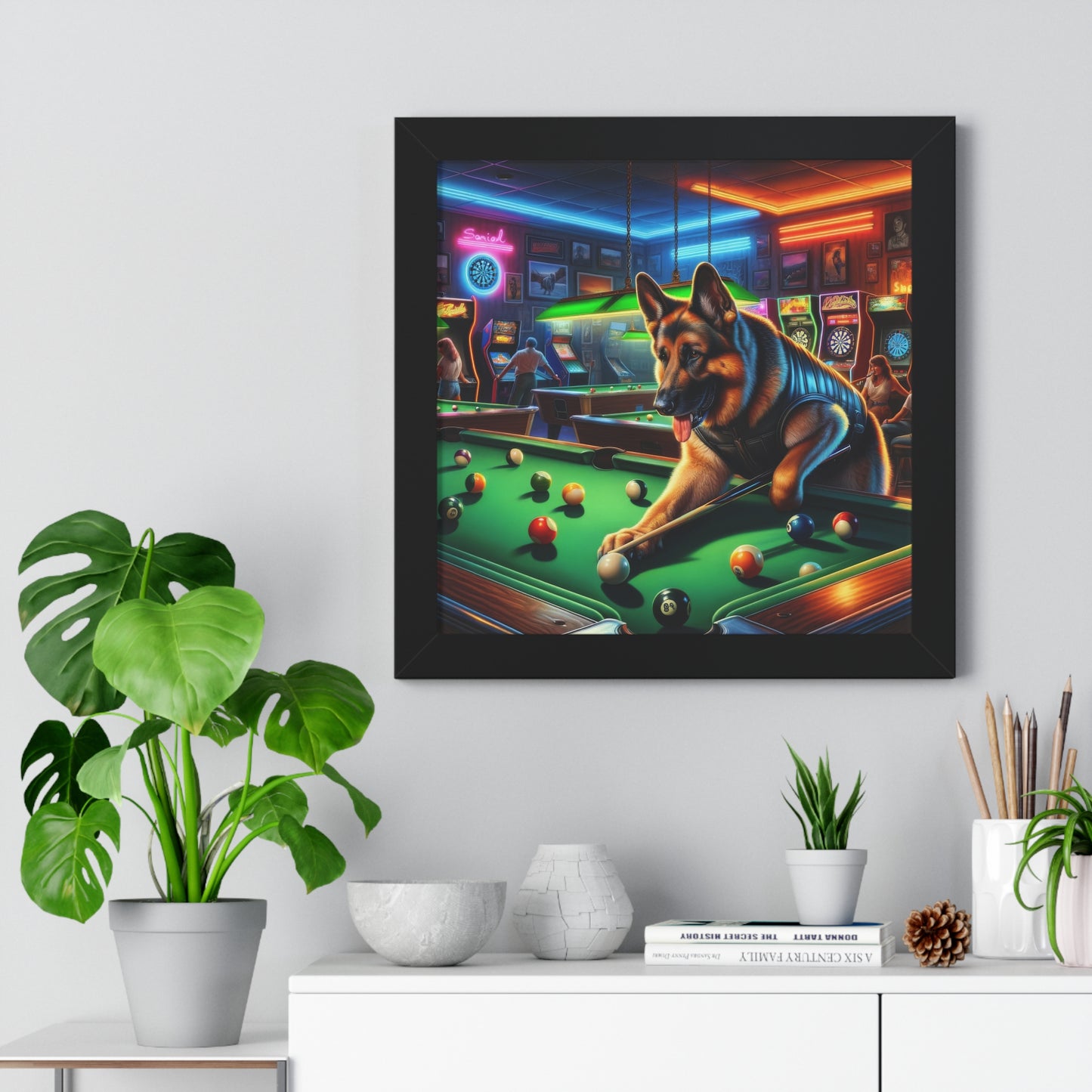 German Shepherd Playing Pool Framed Poster Painting 16x16