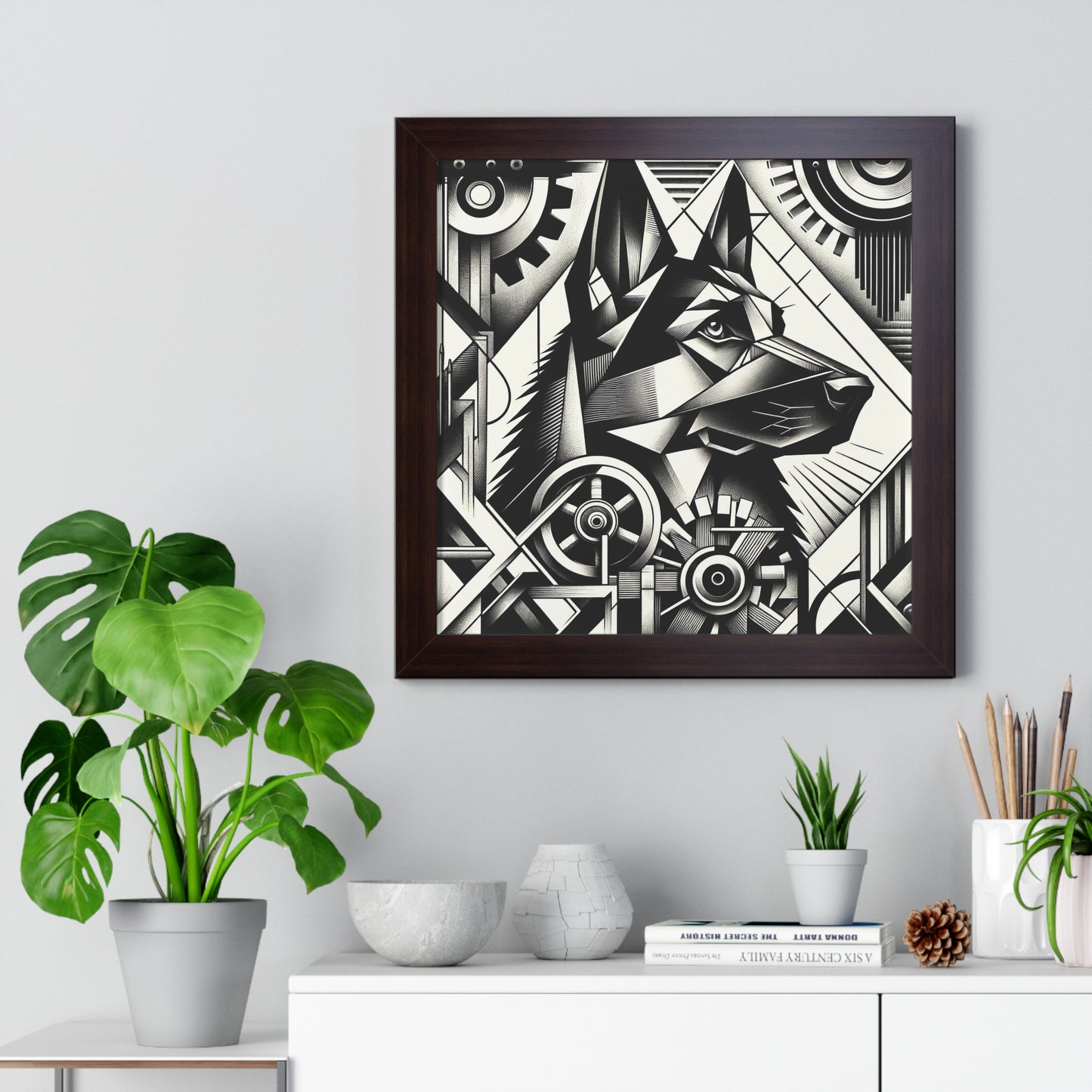 Constructivism and etching style German Shepherd Framed Poster Painting 16x16