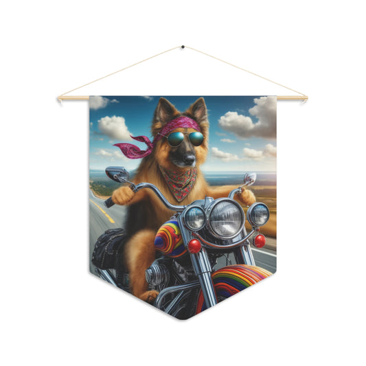 German Shepherd Riding a Motorcycle Pennant