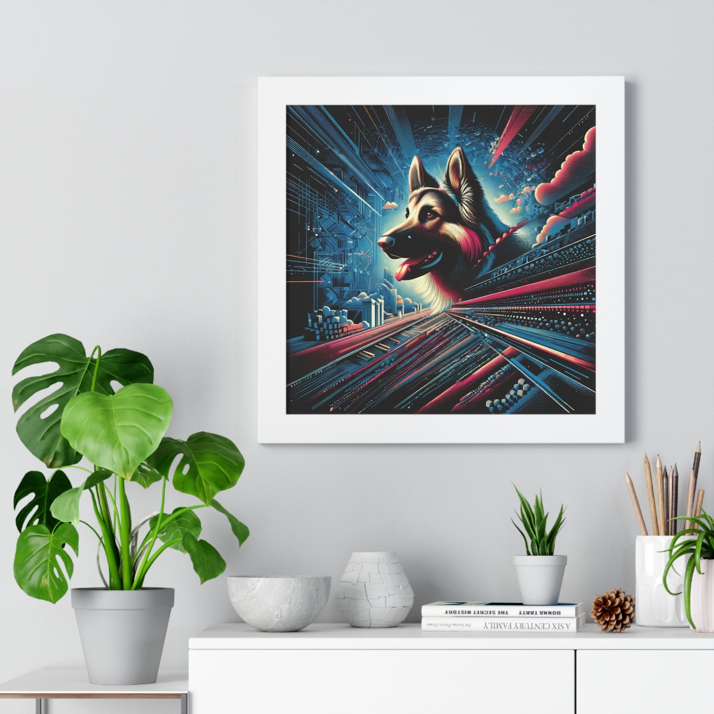 Futurism and gothic German Shepherd Framed Poster Painting 16x16